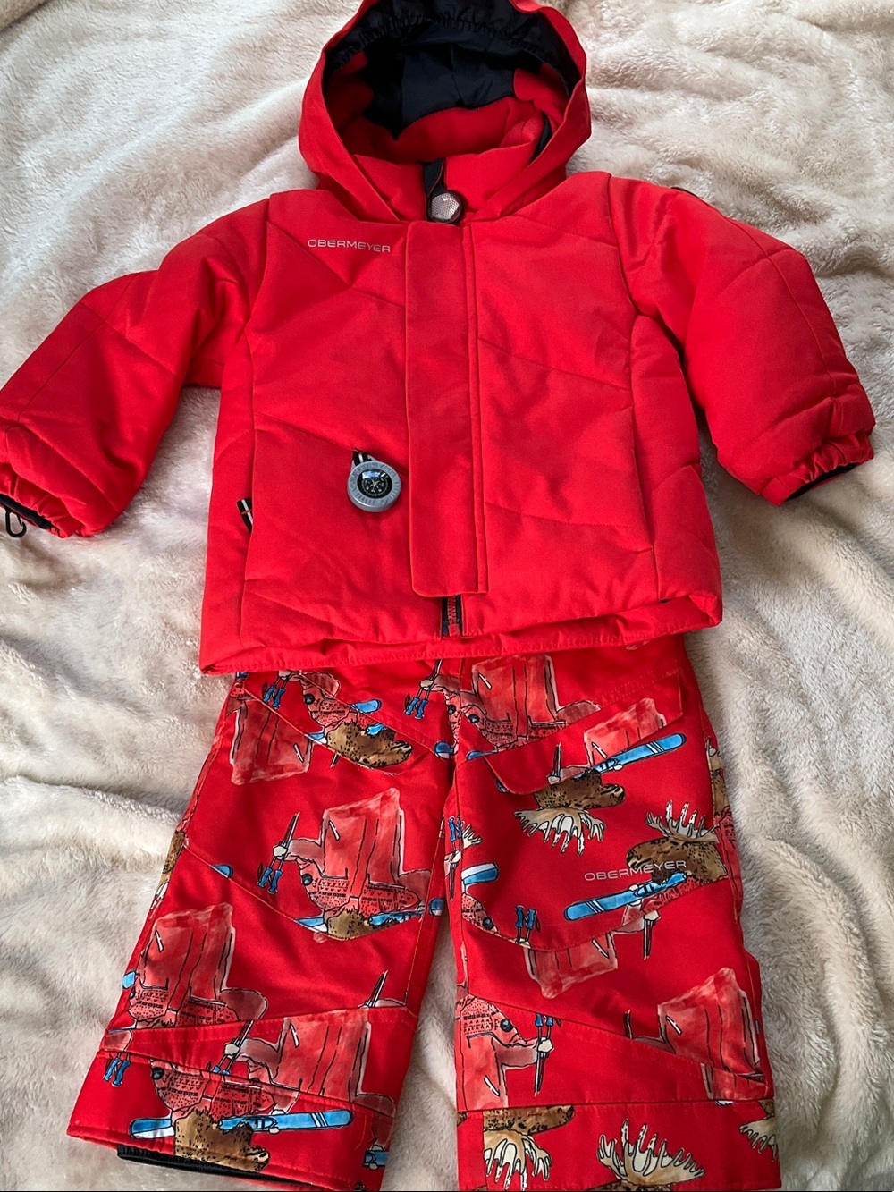 Obermeyer Red Kids Ski set- red jacket with Printed Red Snow bib pants